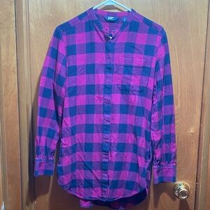 Lands’ End Women’s Checkered Small Oversized Flannel Magenta, Purple and Navy
